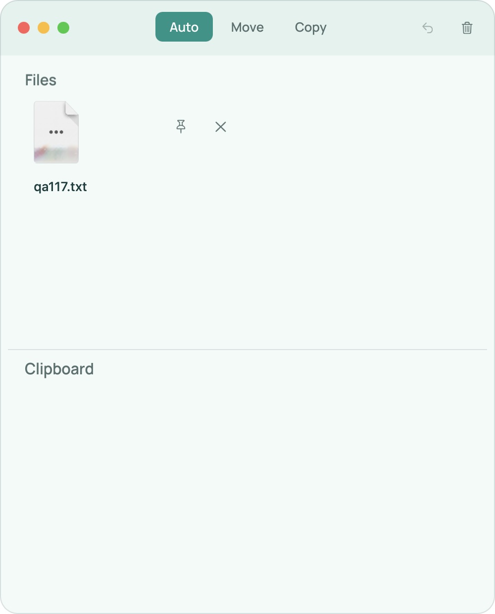 Wondrop shelf with files, clipboard area, Auto, Move, Copy, and Pin controls